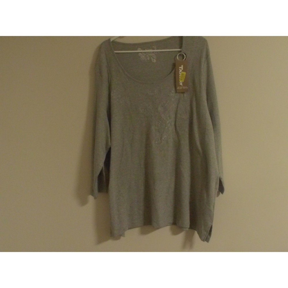 TanJay Women 2X Heather Grey Cotton Paisley Embroidered Ring Neck Top NWT